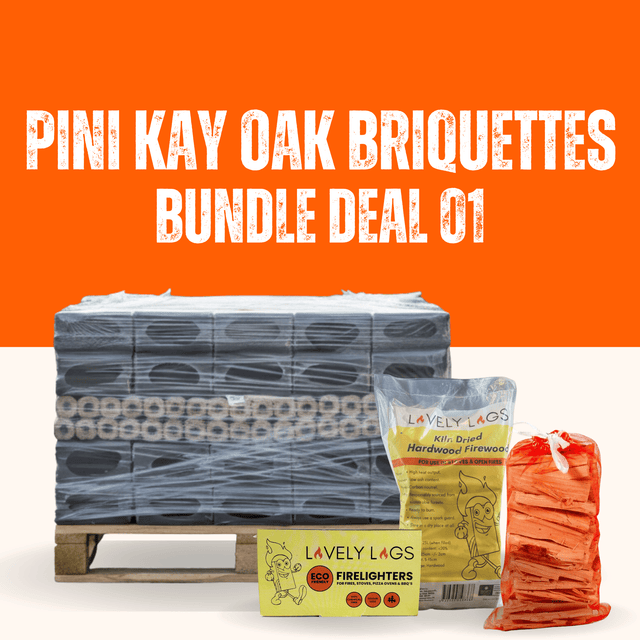 Pini Kay Oak Briquettes Bundle Deal 01 with pallet, Lavelly Lags packaging, and firelighters on an orange background.