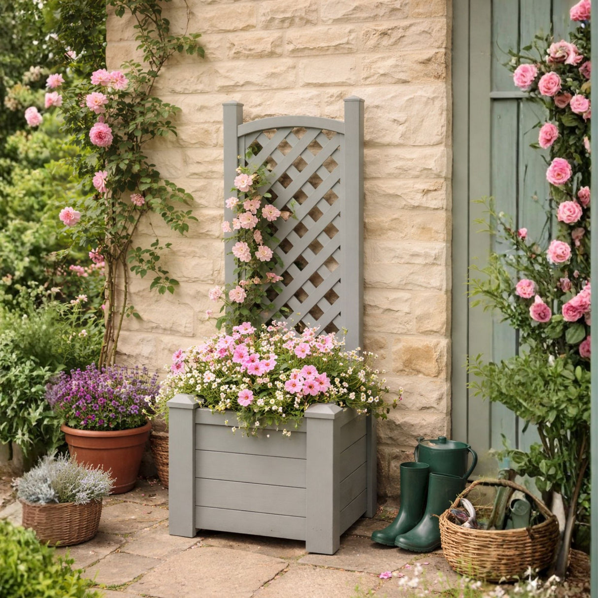 Winawood Square Planter with Trellis - Stone Grey